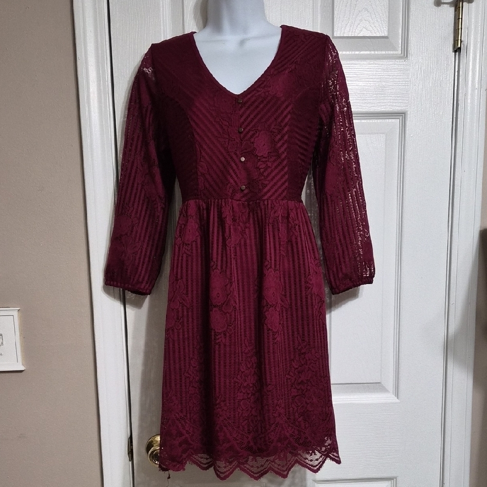Maurices Wine Babydoll Dress Lacy 3/4 Sleeve Size Small NWT